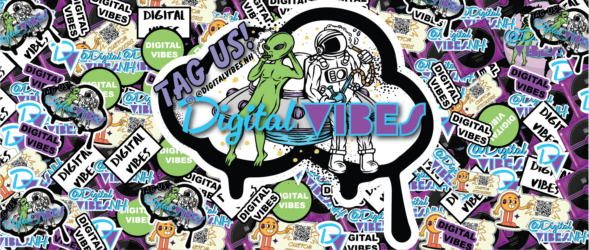 Digital Vibes sticker collage with shop artwork, decals, and brand graphics.